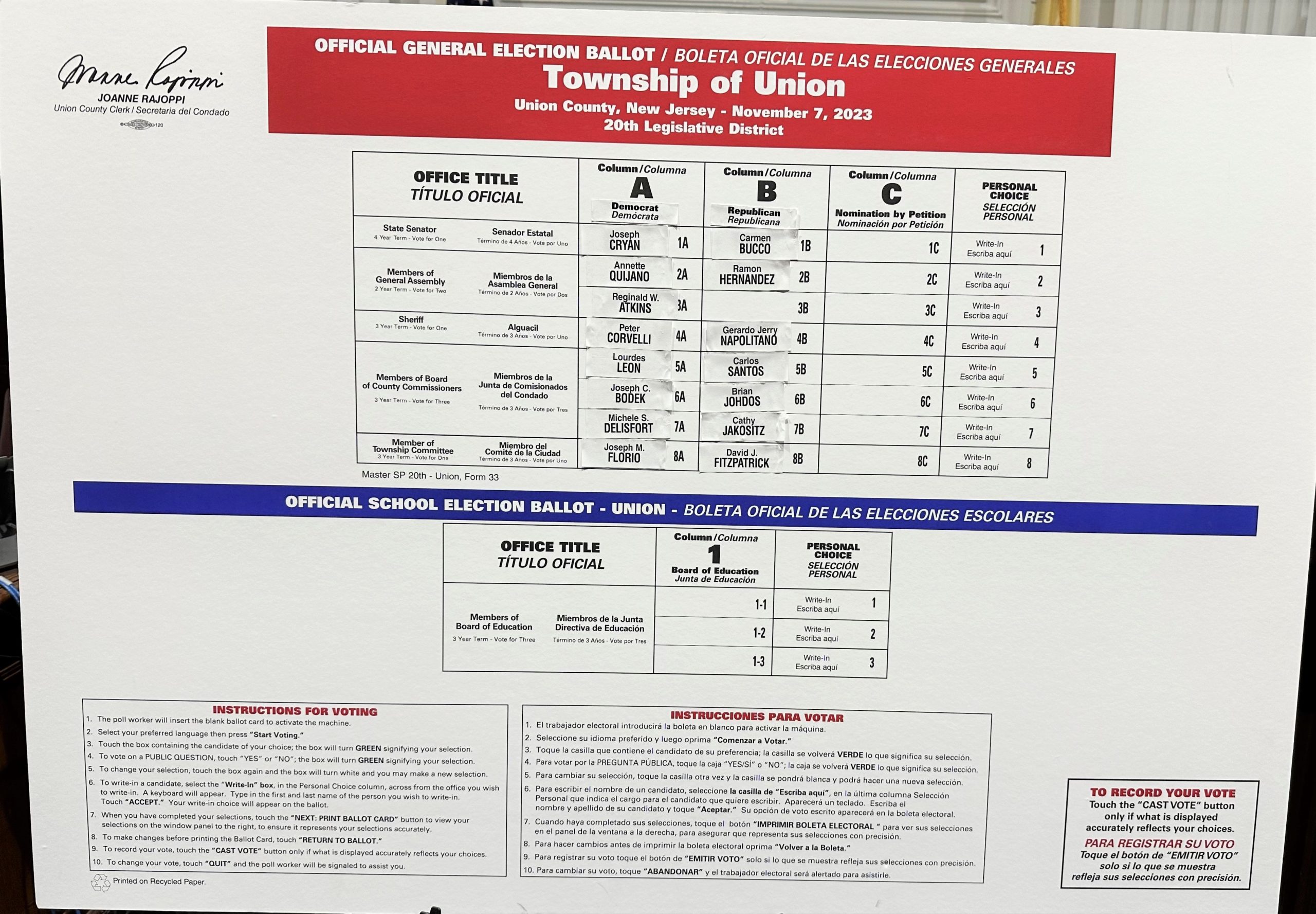 2023 General and School Board Ballot Drawing Union County Votes